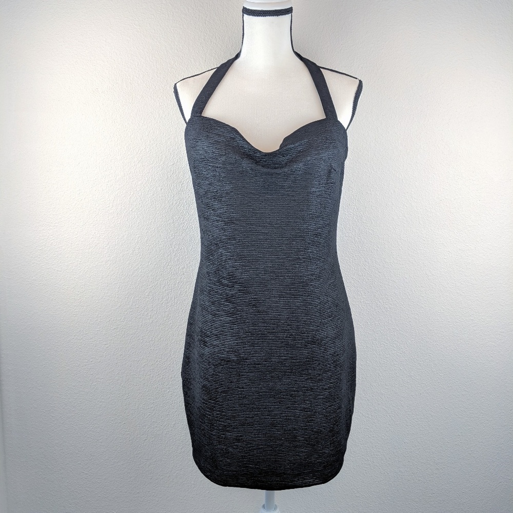 Bebe Textured Black Bodycon Bandage Back Dress L